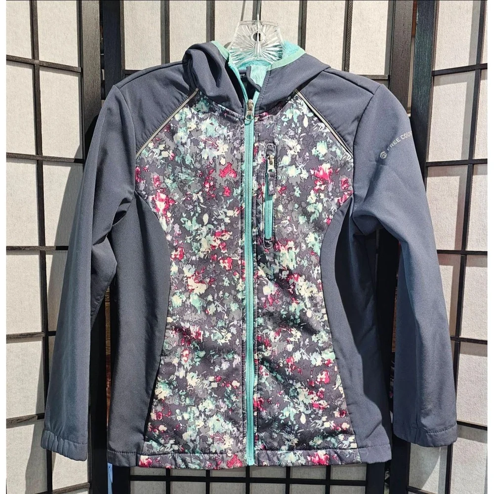 FREE COUNTRY Softshell Jacket‎ Girls Charcoal Grey Floral Outdoor XL (10/12)
